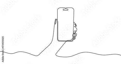 Hand holding a mobile phone in one line art style. Phone drawing with editable black stroke on white background. Vector illustration.