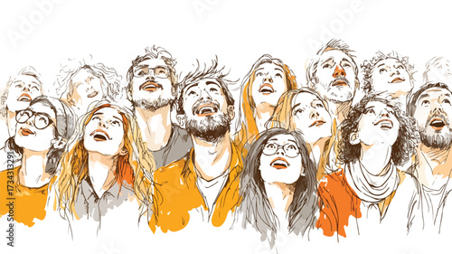 Joyful Cheerful People Looking Up with Happiness