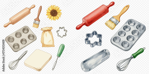 A collection of baking tools including rolling pins, muffin tins, whisks, and a bag of flour.