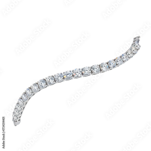 Elegant curved tennis bracelet with a single row of brilliant roundcut diamonds in a silver setting.