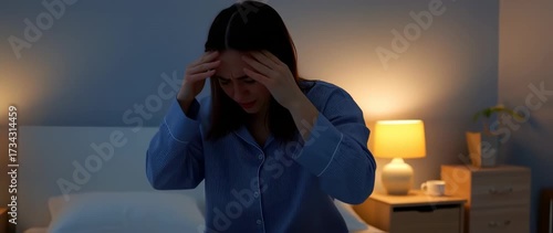 Stressed young woman in bedroom holding head feeling anxiety from insomnia at night
