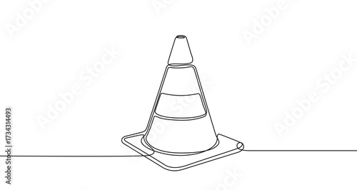Traffic cone in one line art style. Drawing of a road work cone with editable black stroke on a white background. Vector illustration.