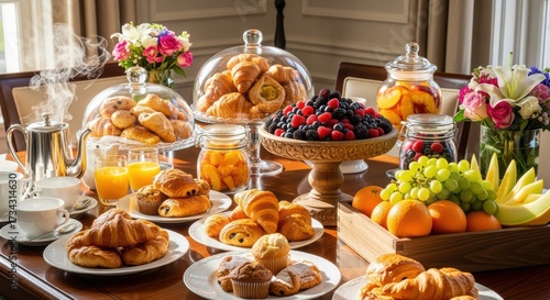 Elegant breakfast spread with baked goods, fresh fruits, and beverages. Floral centerpiece creates a warm, inviting atmosphere for a leisurely morning gathering.