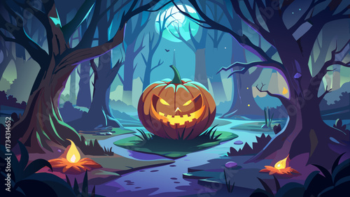 Pumpkin in defocused spooky forest at night, Halloween concept glowing with mystery, eerie ambiance, haunting trees, shadowy paths, and atmospheric darkness creating an unforgettable seasonal magical 