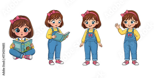 Set of 2D cartoon girl in a denim outfit with and without a book, on a transparent background