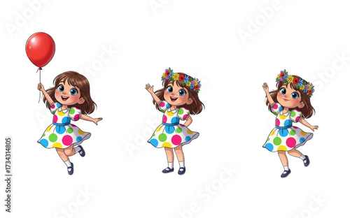 Set of 2D cartoon girl with and without a balloon, on a transparent background