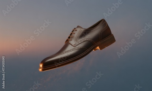 A formal brown leather shoe levitates against a blurred, gradient sky with golden highlights