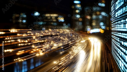 City backdrop highlighted by luminous data flow imagery