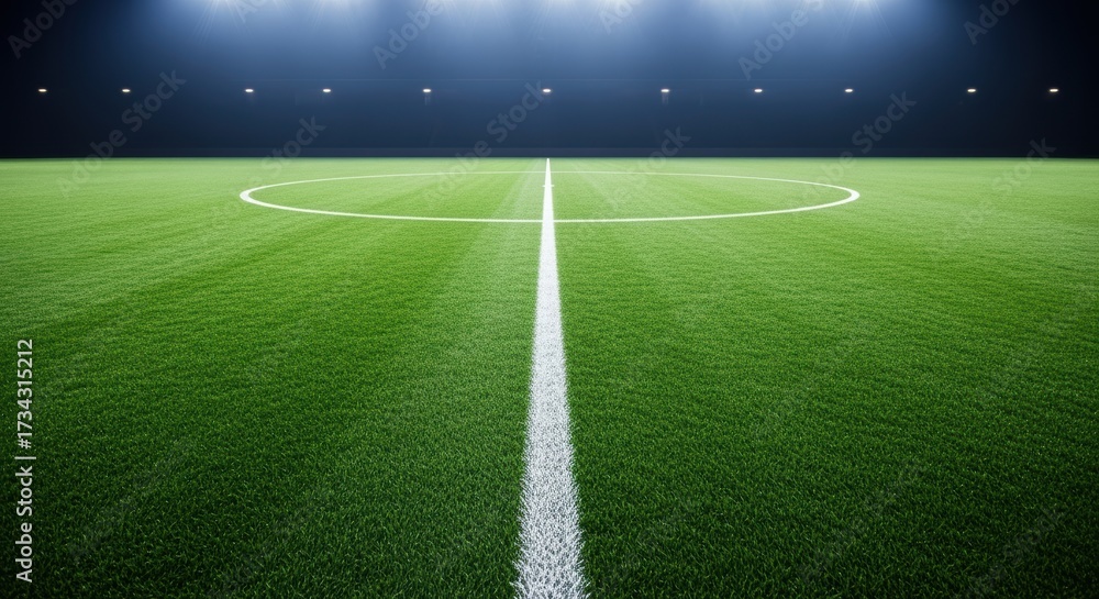 Obraz premium A well-lit soccer field with a lush green grass surface and clear markings on the playing area. The field is illuminated by bright stadium lights, creating a professional and competitive atmosphere.