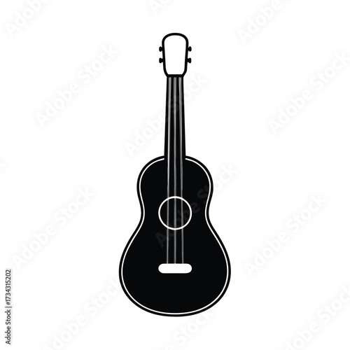 Simple black silhouette of a ukulele on a white background