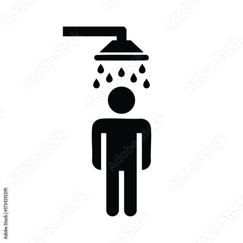 Simple black and white of a person standing under a showerhead with water droplets falling, representing bathing or showering