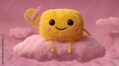 Cute Yellow Plush Cloud Character with Smile Holding Pink Checkmark on Pink Fluffy Cloud Background
