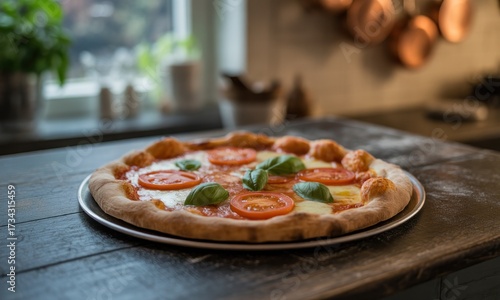 A fresh, homemade pizza with tomato, mozzarella, and basil sits on a rustic wooden surface