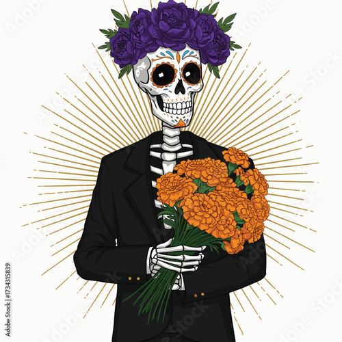 The image represents the Day of the Dead (Día de los Muertos), a vibrant Mexican holiday celebrated on November 1st and 2nd. It honors deceased loved ones, viewing death as a natural part of life