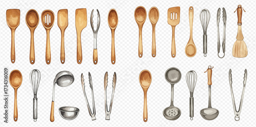 A collection of kitchen utensils including wooden spoons, spatulas, whisks, ladles, and tongs.