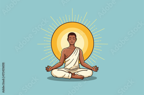 Man meditating in lotus pose with sunburst meditation, meditation, man, lotus pose, yoga, zen, spiritual, enlightenment, sun, sunburst, rays, light, peace, calm, tranquility, mindfulness, relaxation, 