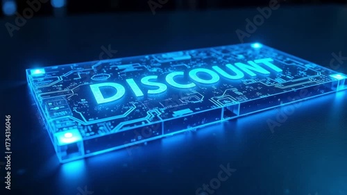 Glowing neon discount sign on a futuristic circuit board, representing technology and savings.
