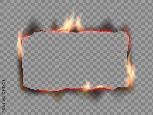 Burnt and smoldering paper edges effect. Template isolated on a transparent background. Vector illustration.