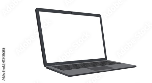 Modern Laptop Computer Open with Blank White Screen on White Background.