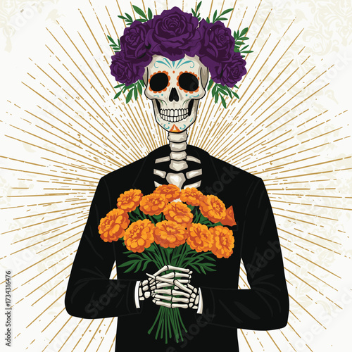 The image represents the Day of the Dead (Día de los Muertos), a vibrant Mexican holiday celebrated on November 1st and 2nd. It honors deceased loved ones, viewing death as a natural part of life