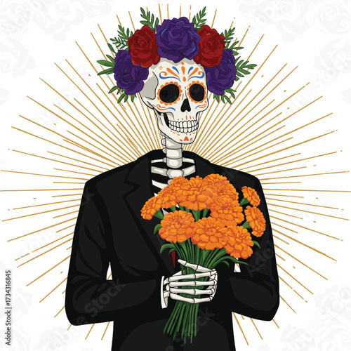 The image represents the Day of the Dead (Día de los Muertos), a vibrant Mexican holiday celebrated on November 1st and 2nd. It honors deceased loved ones, viewing death as a natural part of life