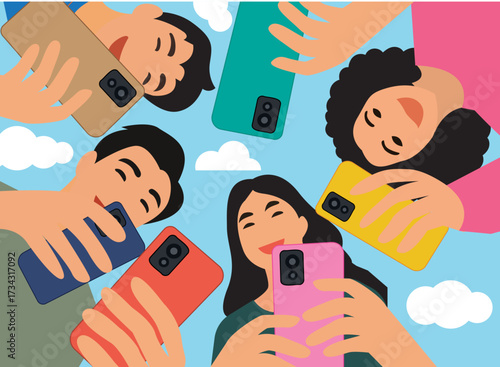 people using mobile phones multicultural young people technology concept