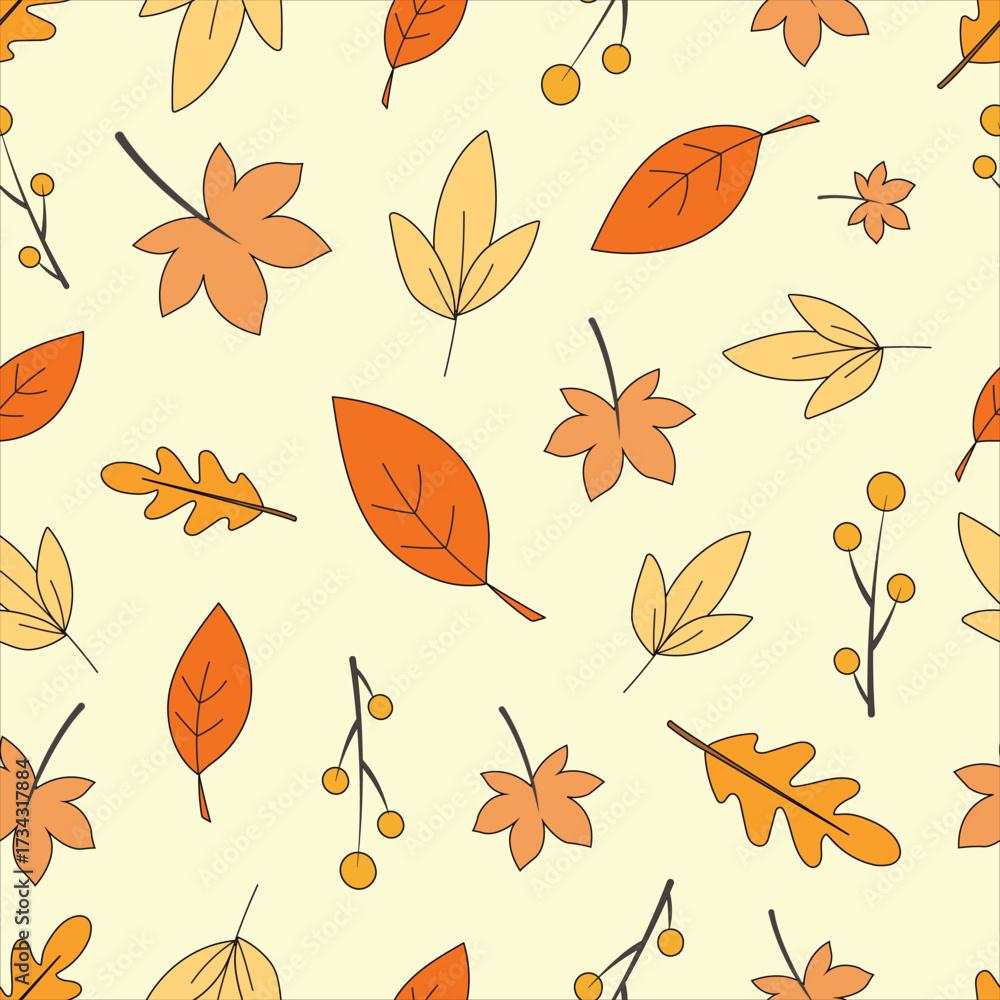 Obraz premium Beautiful autumn leaves doodle seamless pattern. Fall season tree leaf illustration pattern for background, print, wrapping paper, gift