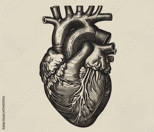 Human Heart Engraved anatomical art. Medicine, science illustration. On beige background