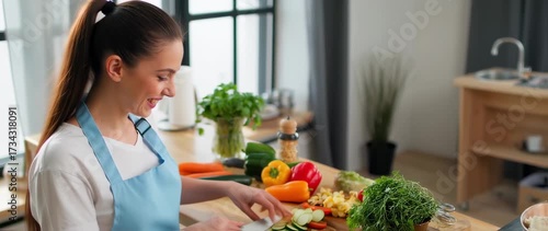 Healthy Eating: Woman Preparing a Fresh Vegetable Salad in Modern Kitchen Setting