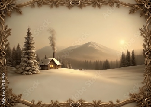 Cozy cabin in snow-covered landscape during winter sunset  