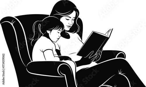 Mother reading a book to child in armchair silhouette, mother, child, reading, book, story, armchair, furniture, family, love, education, learning, bonding, together, home, comfort, cozy, illustration