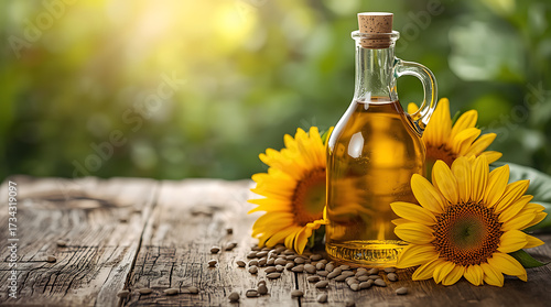 Glass bottle of sunflower oil on rustic wooden table with fresh yellow sunflowers and seeds. Natural daylight and blurred greenery create an organic, warm, and photorealistic still-life scene.
