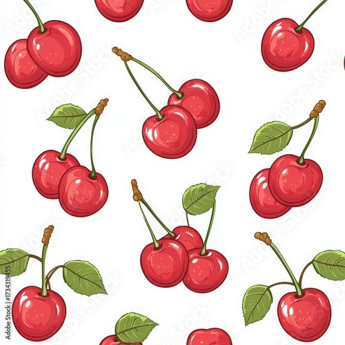 A repeating design featuring red cherries and green leaves set against a white backdrop, ideal for use in fabrics or wall coverings