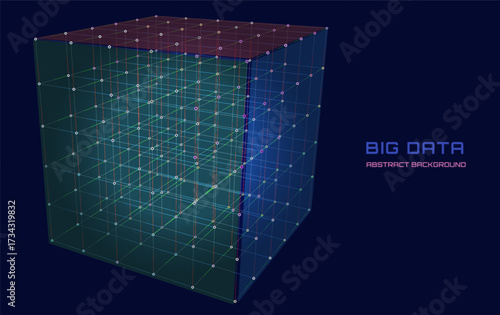 Abstract big data 3D digital cubes connecting in system net. Quantum computing concept on dark background. Artificial intelligence design. Blockchain from boxes сoncept. RGB