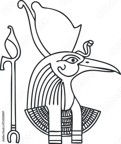 Stylized ancient Egyptian bird figure with a staff representing mythology and cultural heritage..