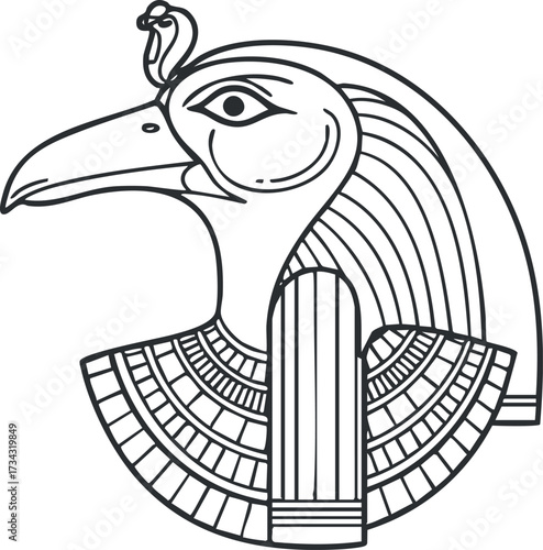 An intricate line art illustration of a bird-headed deity from ancient Egyptian mythology..
