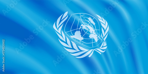 Waving blue flag with symbol UN. Wavy state of flag united nations 3D. Closeup.