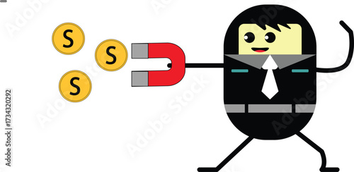 Businessman attracting money with a magnet, symbolizing financial success and investment growth