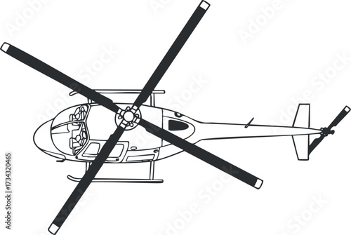 Illustration of a helicopter viewed from above, showcasing the rotor blades and design features..