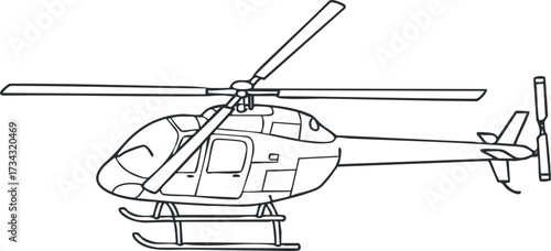 A detailed outline illustration of a helicopter in flight showcasing its rotor blades and body design..