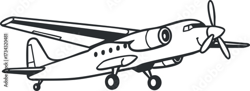 Cartoon style illustration of a classic airplane in black and white design..