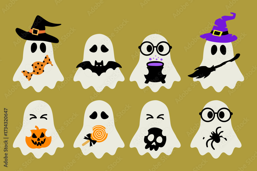 Naklejka premium Halloween Vector Illustration Set. Ghost, Pumpkin, Witch, Spider