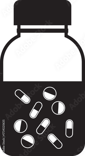 Icon of a prescription bottle with pills and capsules