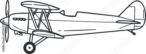 Illustration of a classic biplane aircraft with detailed features and propeller design..