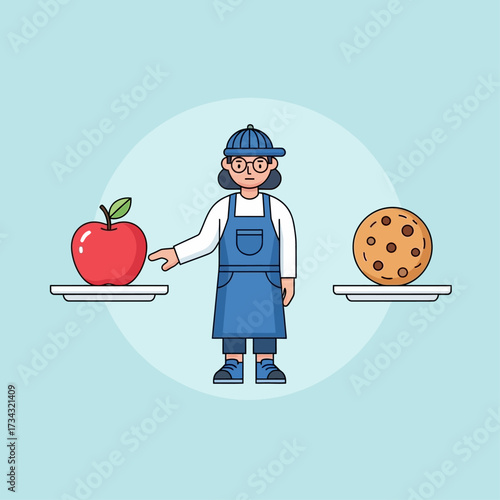 A person compares an apple and a cookie on separate plates, making a choice.
