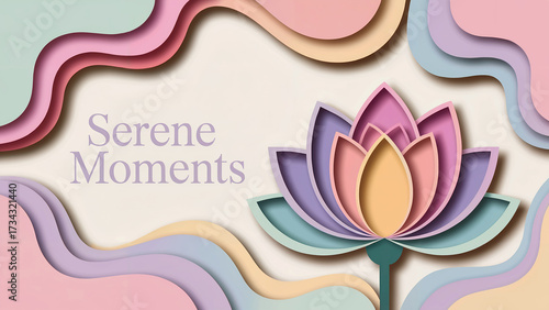Delicate pastel paper cut lotus flower with wavy abstract background creating a serene and peaceful atmosphere for meditation and wellness