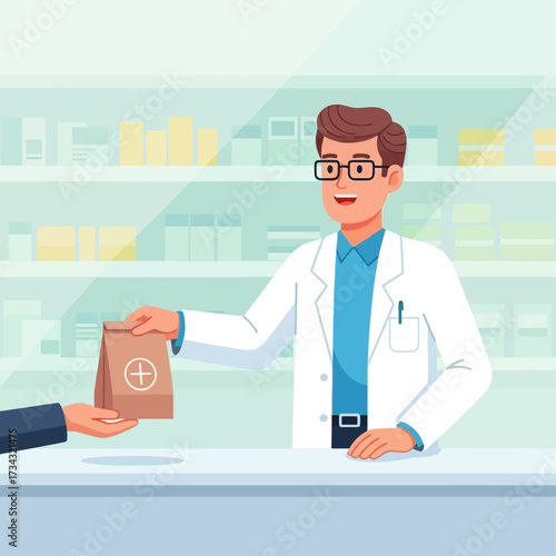 A smiling male pharmacist in a white coat hands a brown paper bag with a medical cross to a customer at a pharmacy counter.