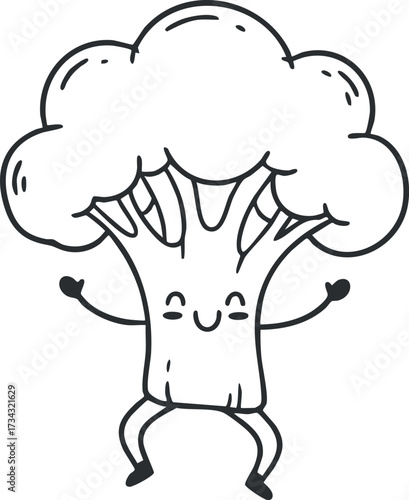 A cheerful cartoon character representing broccoli with a happy expression and playful pose..