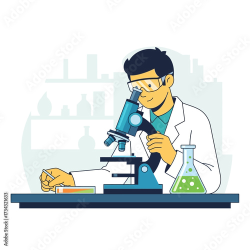 A young scientist in a lab coat and goggles looks through a microscope while conducting research.
