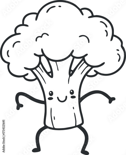 A cute cartoon broccoli character with a smiling face and arms in a playful pose..